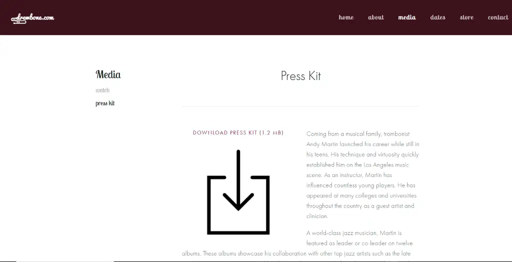 Download icon featured on trombonist Andy Martin's press kit page, representing access to a downloadable musician EPK in PDF format for media and event organizers.