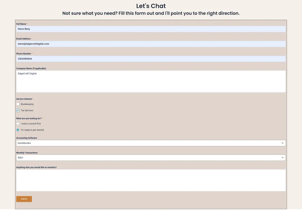 Whethams Books website contact form showing conditional intake fields that adapt to the service a visitor selects.