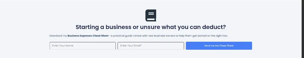 Whethams Books lead magnet offering a free small business expenses cheat sheet with a Send me the Cheat Sheet call to action button.