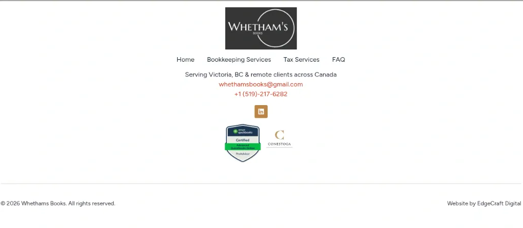 Whethams Books website footer displaying contact details, credentials, and service area on a mobile responsive layout.
